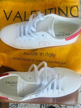 New* Valentino White Leather Sneakers with Pink Accents
